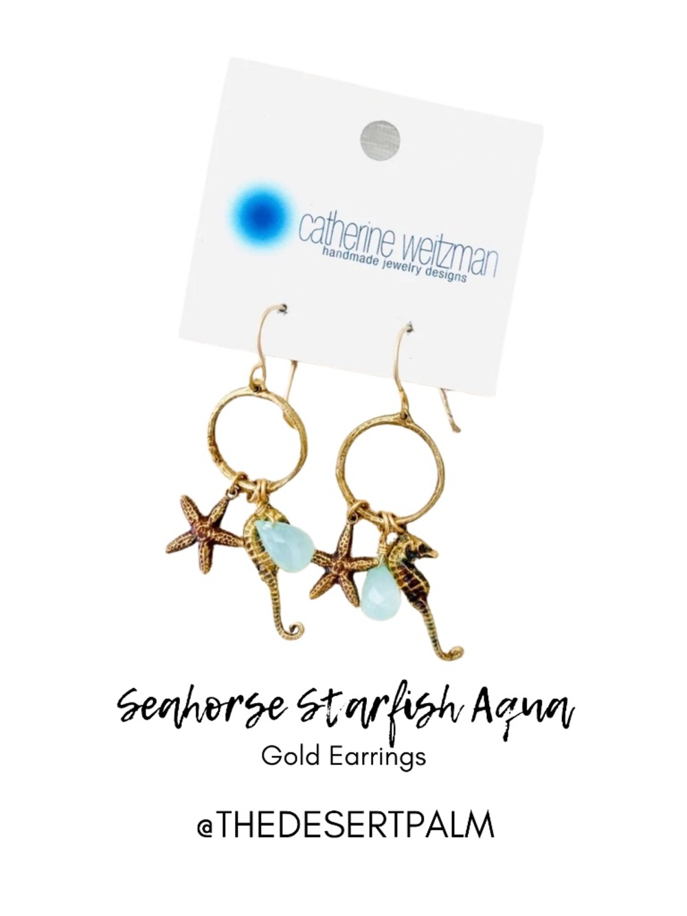 18K Gold Vermeil Seahorse Starfish Aqua Drop Earrings Handmade Hawaii LAST ONE